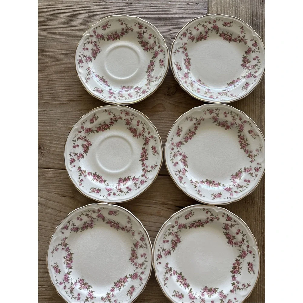 Lot Of 10 Edwin M Knowles China Co Semi Vitreous Saucer Pink Gold Trim Rose MINT
